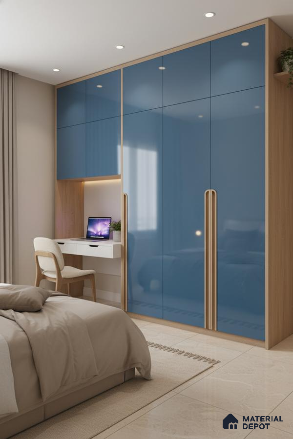 Modern bedroom with blue high gloss laminate wardrobe and light oak finish in Bengaluru