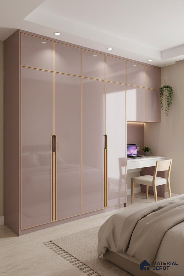 Modern bedroom with blush pink high gloss laminate wardrobe and beige tile flooring in Bengaluru