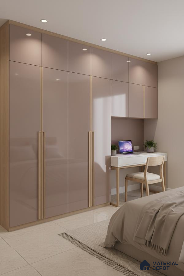 Modern bedroom with blush pink high gloss laminate wardrobe and light oak accents in Bengaluru