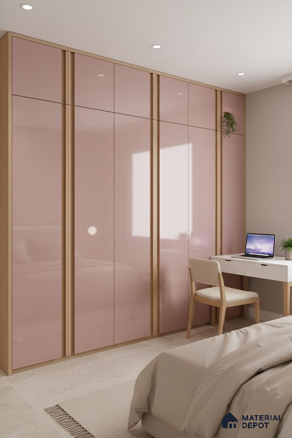 Modern bedroom with blush pink high gloss laminate wardrobe and light oak accents in Bengaluru