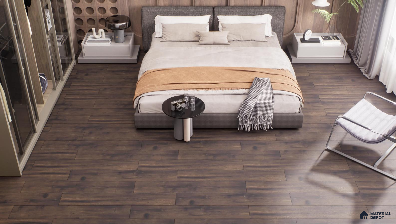 Modern Bedroom with Dark Wood Flooring and Cozy Ambiance | Material Depot