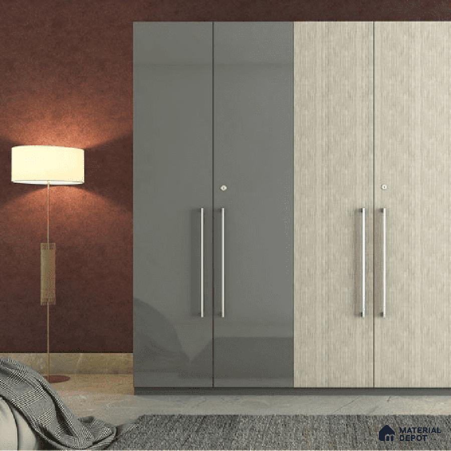 Modern bedroom with dual-tone high gloss grey and textured beige laminate wardrobe | Material Depot