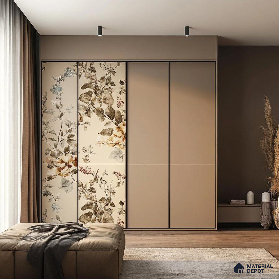 Modern bedroom with floral patterned wardrobe laminate and beige solid color laminate | Material Depot