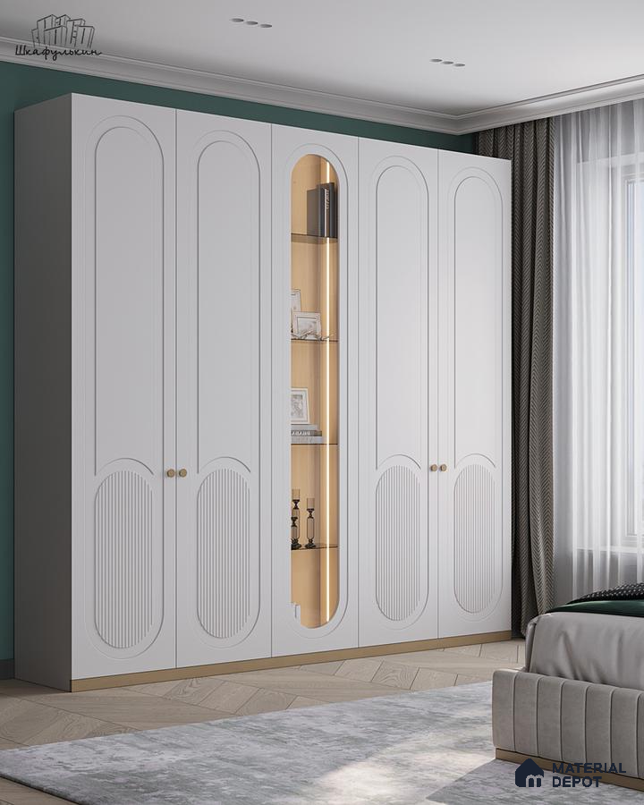 Modern bedroom with frosty white fluted wardrobe and light oak open shelf | Material Depot