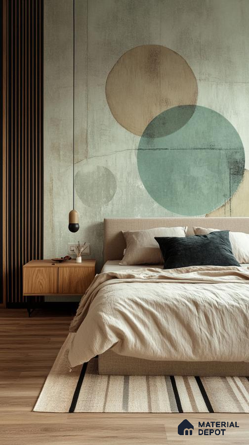 Modern Bedroom Design with Geometric Mural and Wood Paneling Salarpuria Sattva Anugraha Vijayanagar | Material Depot
