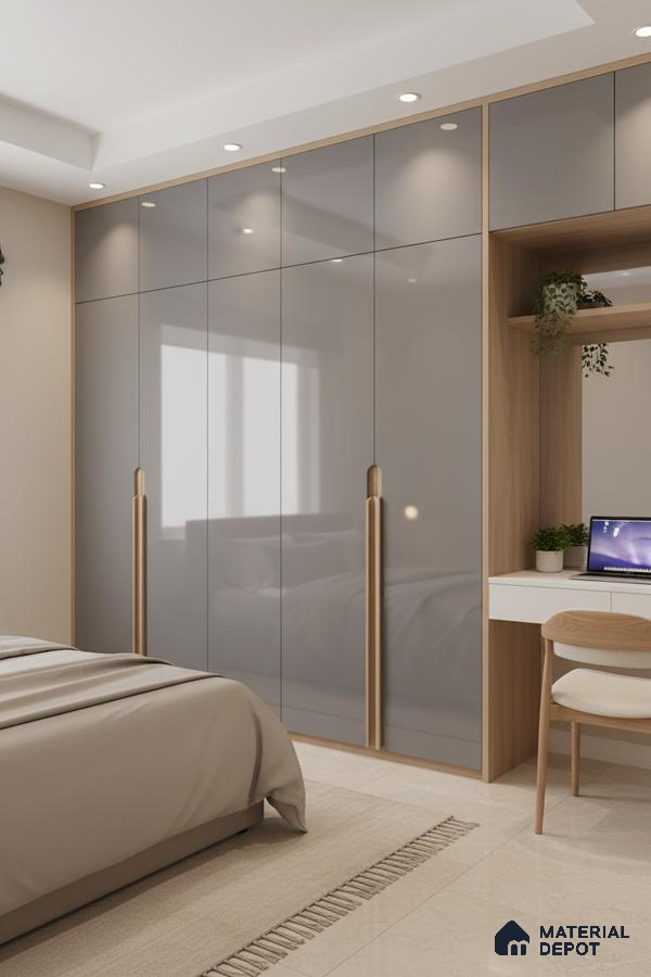 Modern bedroom with glossy grey laminate wardrobe, natural oak laminate, and beige floor tiles in Bengaluru