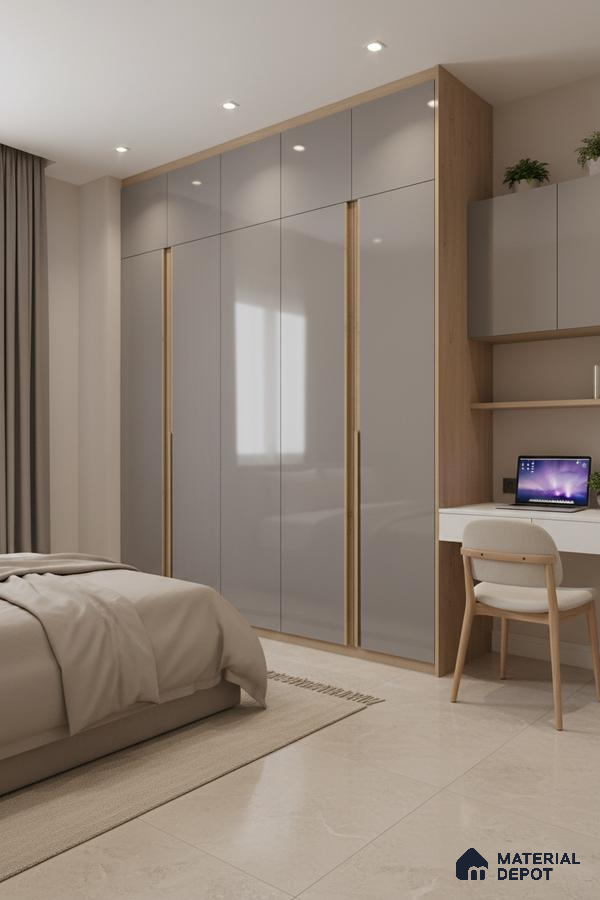 Modern bedroom with glossy grey wardrobe, natural oak laminate, and beige marble floor tiles in Bengaluru