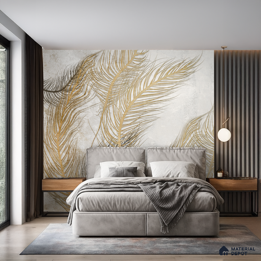 Modern bedroom with gold botanical wallpaper, grey suede upholstered bed, and wood accent nightstands in Bengaluru