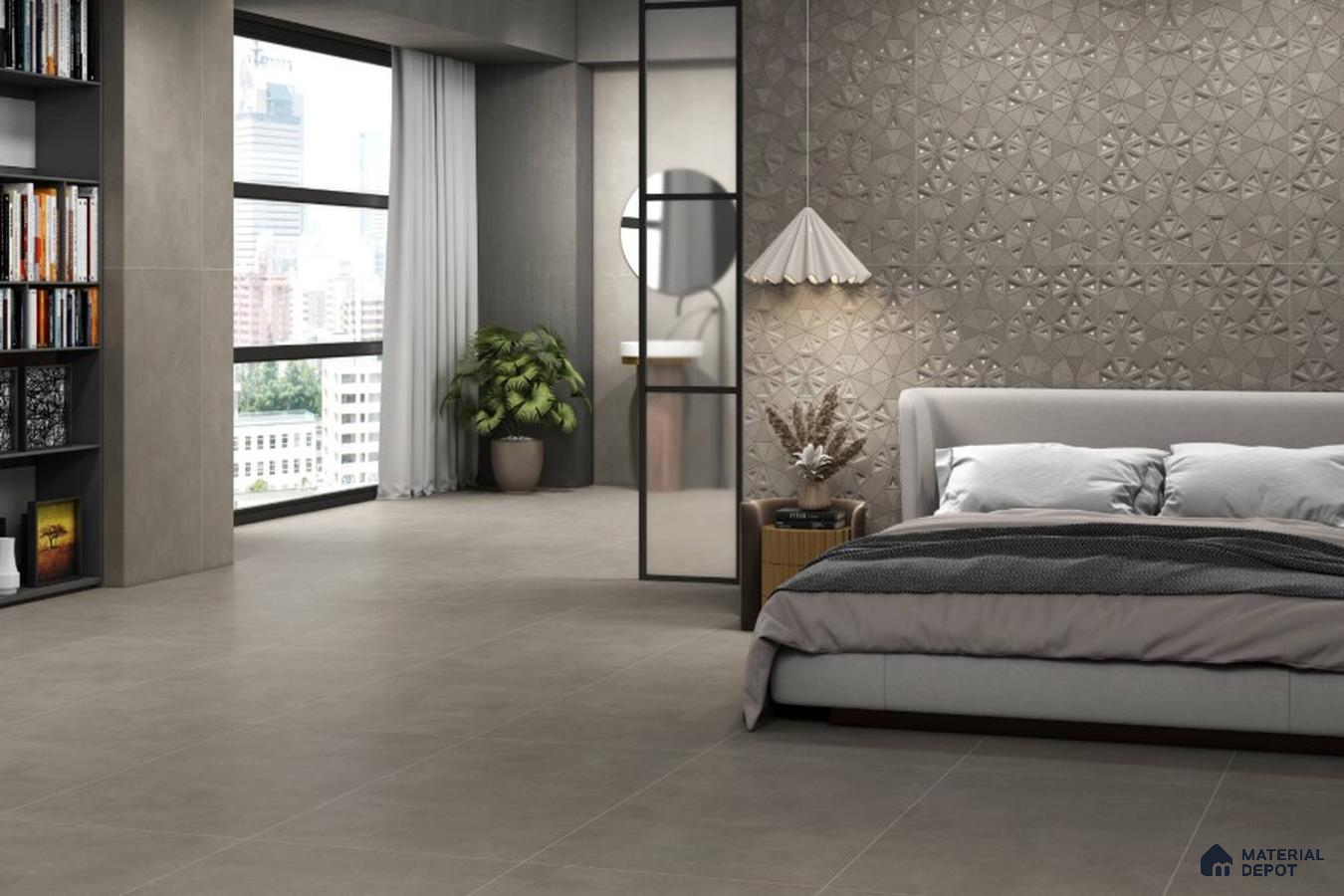 Modern Bedroom with Grey 3D Accent Wall and Matte Grey Floor Tiles – Sleek & Elegant Design | Material Depot