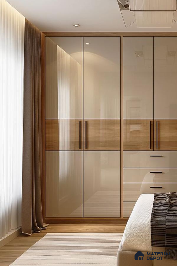 Modern bedroom with high gloss beige laminate and natural oak wood wardrobe shutters | Material Depot