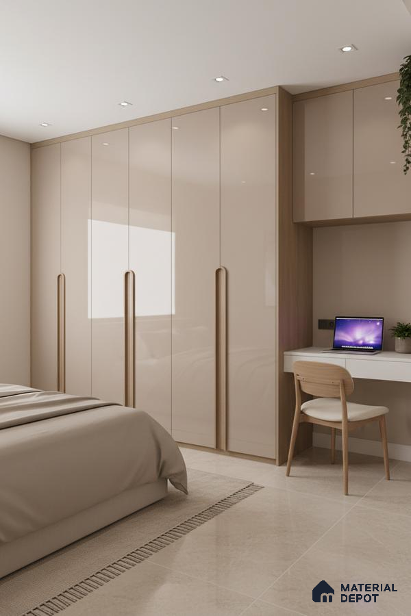 Modern bedroom with high gloss beige laminate wardrobe and light beige floor tiles in Bengaluru