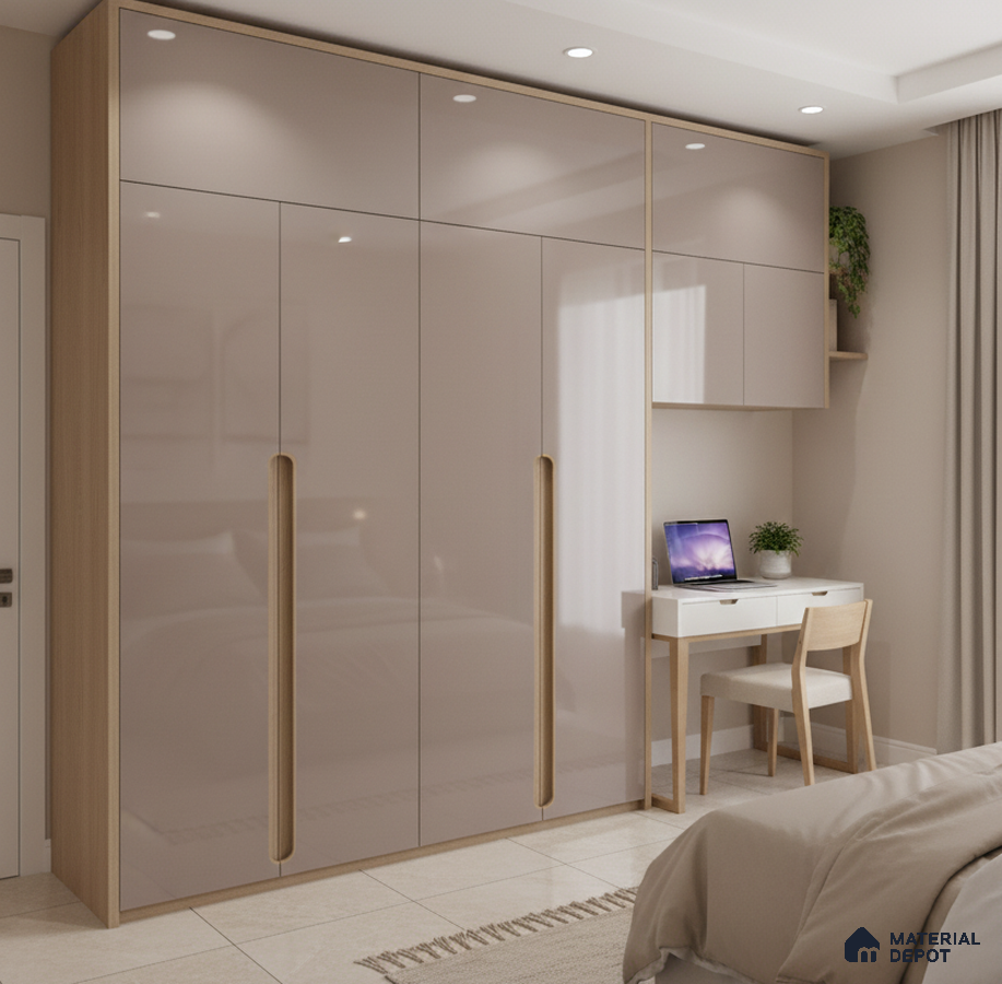 Modern bedroom with high gloss beige laminate wardrobe and light oak accents in Bengaluru