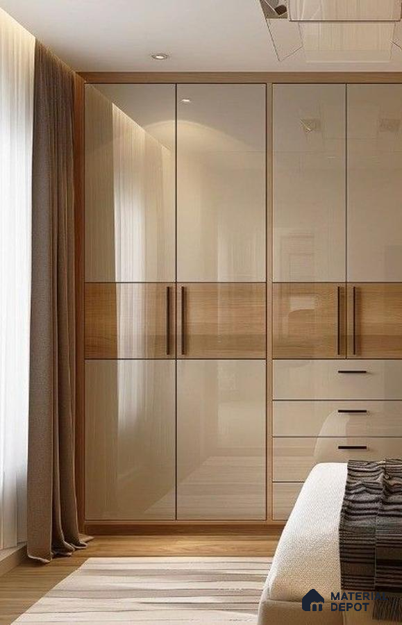 Modern bedroom with high gloss beige laminate wardrobe and natural oak wood accents | Material Depot