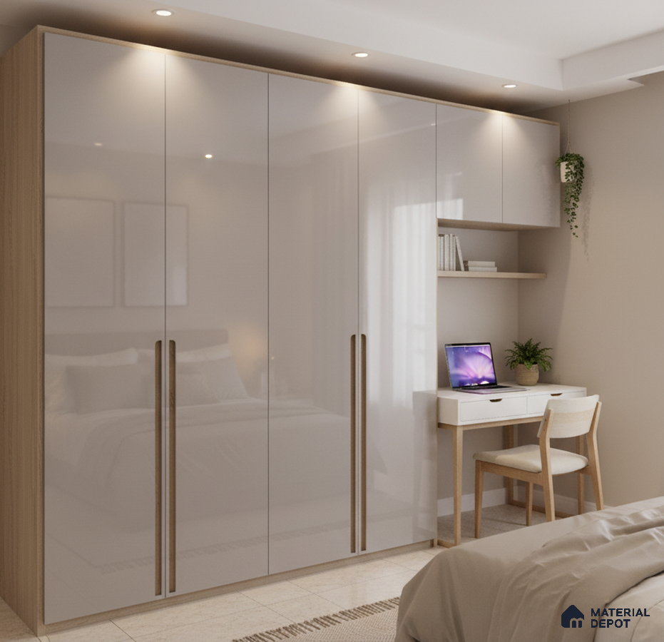 Modern bedroom with high gloss beige wardrobe and light wood study desk in Bengaluru