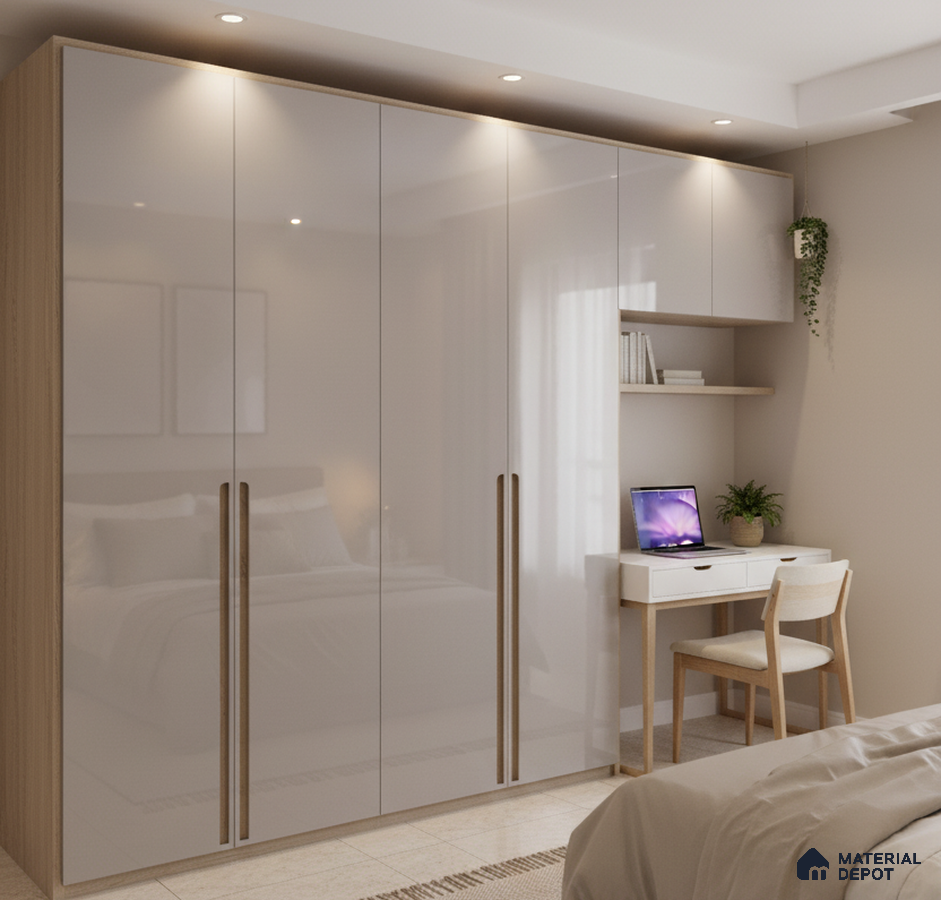 Modern bedroom with high gloss beige wardrobe, light oak laminate, and integrated study desk in Bengaluru