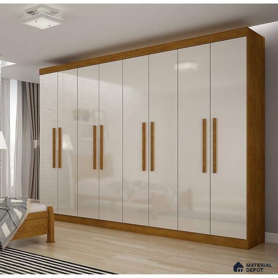 Modern bedroom with high gloss frosty white laminate wardrobe and walnut brown wood laminate accents | Material Depot