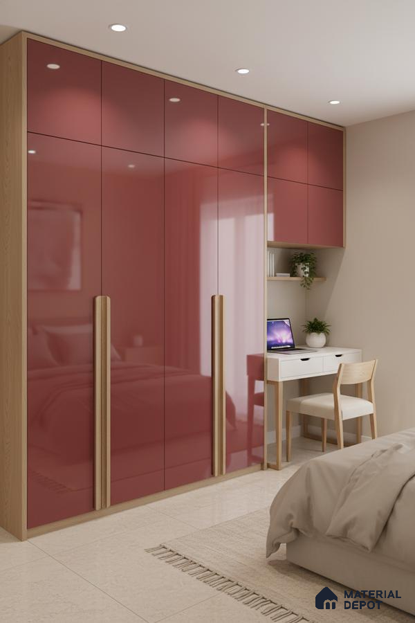 Modern bedroom with high gloss rose pink wardrobe laminate and oak wood finish in Bengaluru