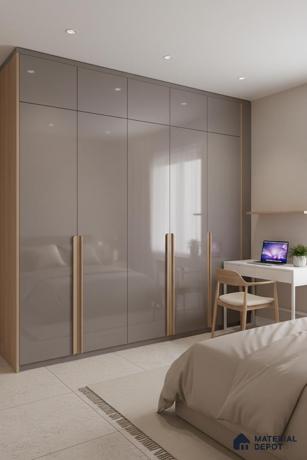 Modern bedroom with high gloss taupe laminate wardrobe and light oak accents in Bengaluru