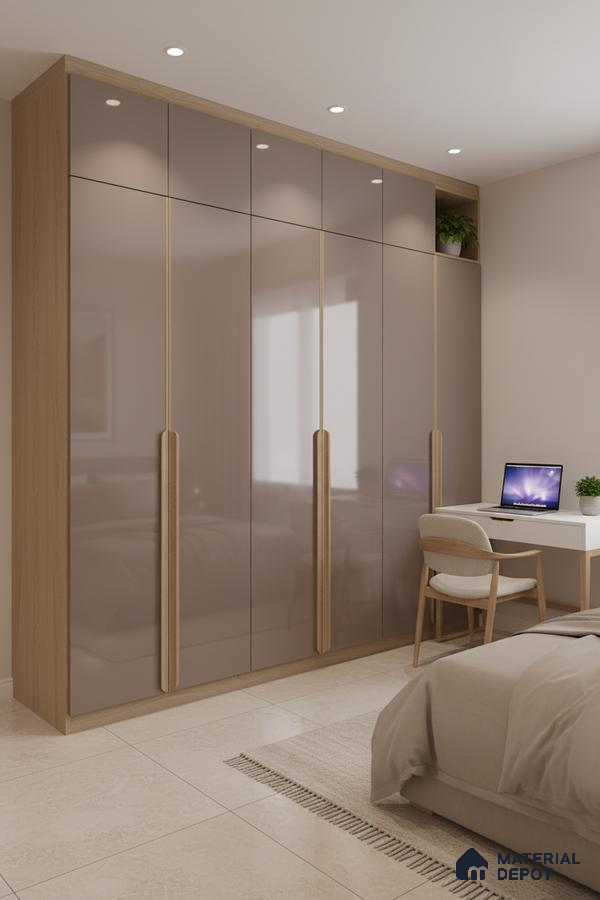 Modern bedroom with high gloss taupe laminate wardrobe and light oak accents in Bengaluru