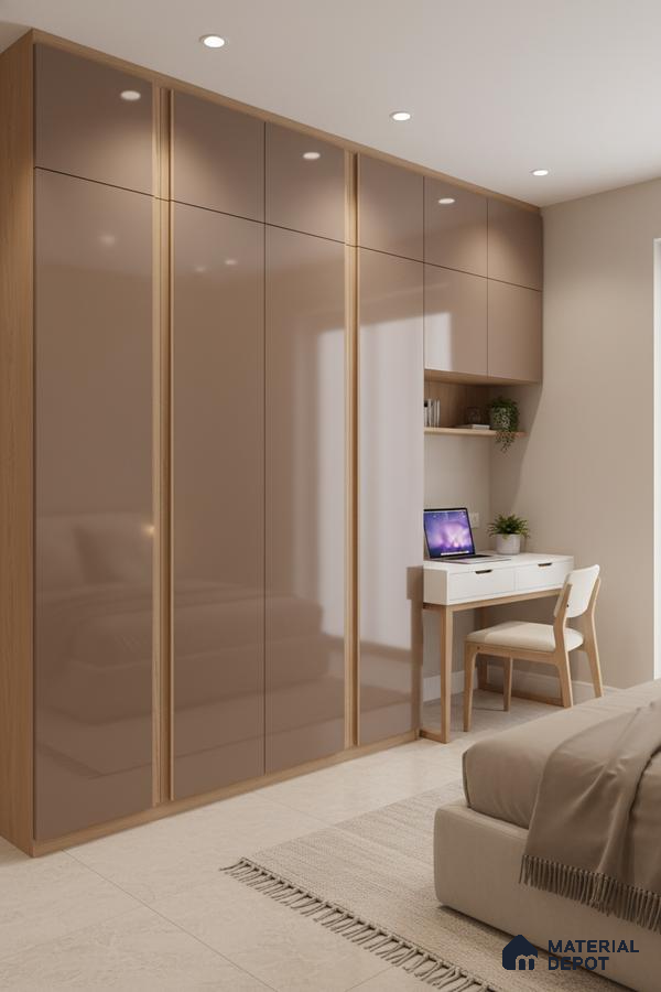 Modern bedroom with high gloss taupe laminate wardrobe and oak wood accents in Bengaluru