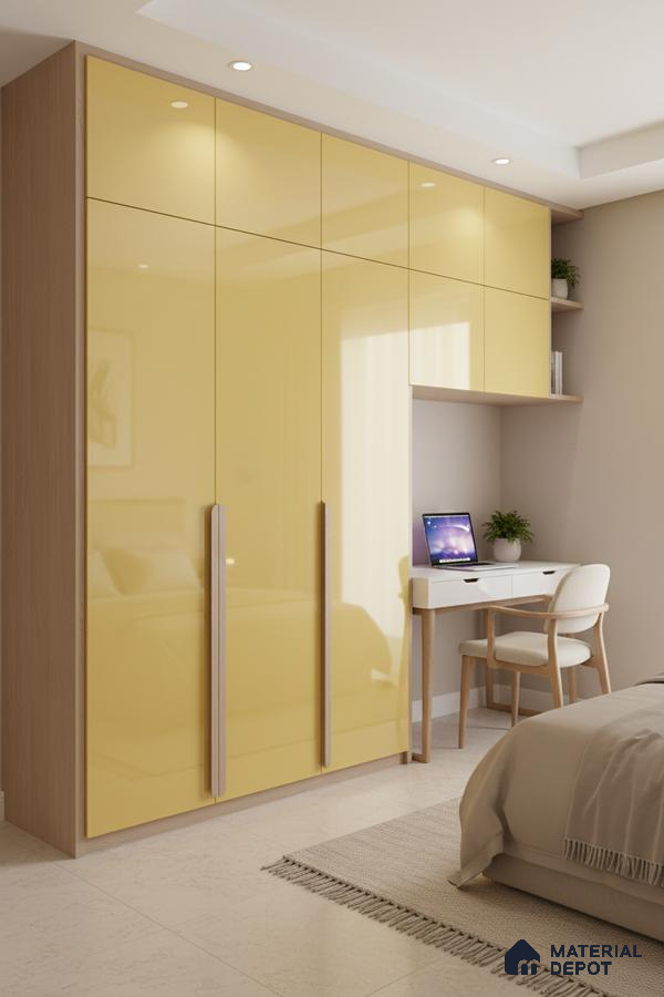 Modern bedroom with high gloss yellow laminate wardrobe and light wood accents in Bengaluru