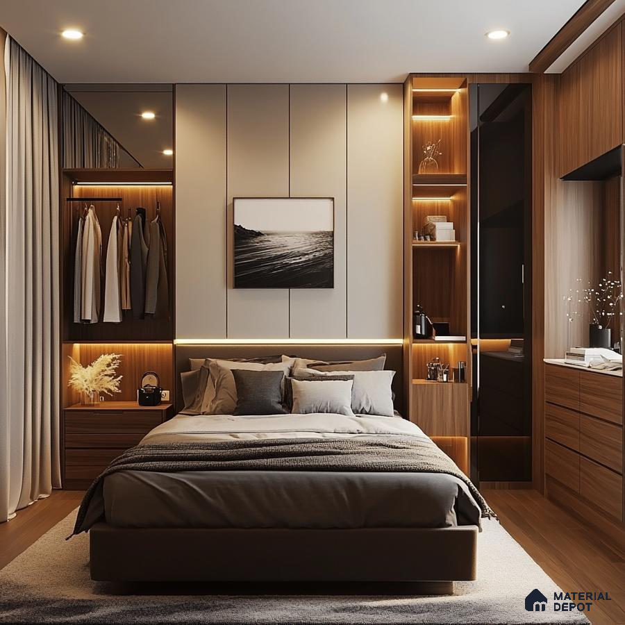 Modern Bedroom Design with Integrated Storage and Warm Lighting Brigade Nanda Heights Padmanabhanagar | Material Depot