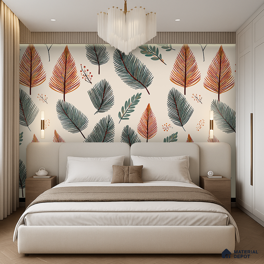 Modern bedroom with leaf patterned wallpaper, beige upholstery, and wooden flooring in Bengaluru