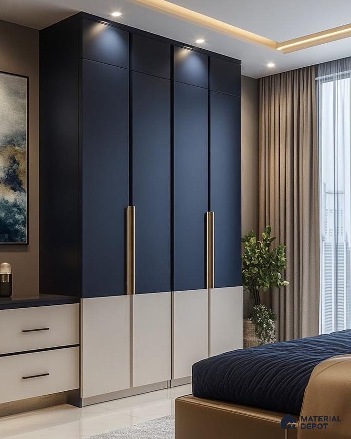 Modern bedroom with navy blue and frosty white laminate wardrobe and gold handles | Material Depot