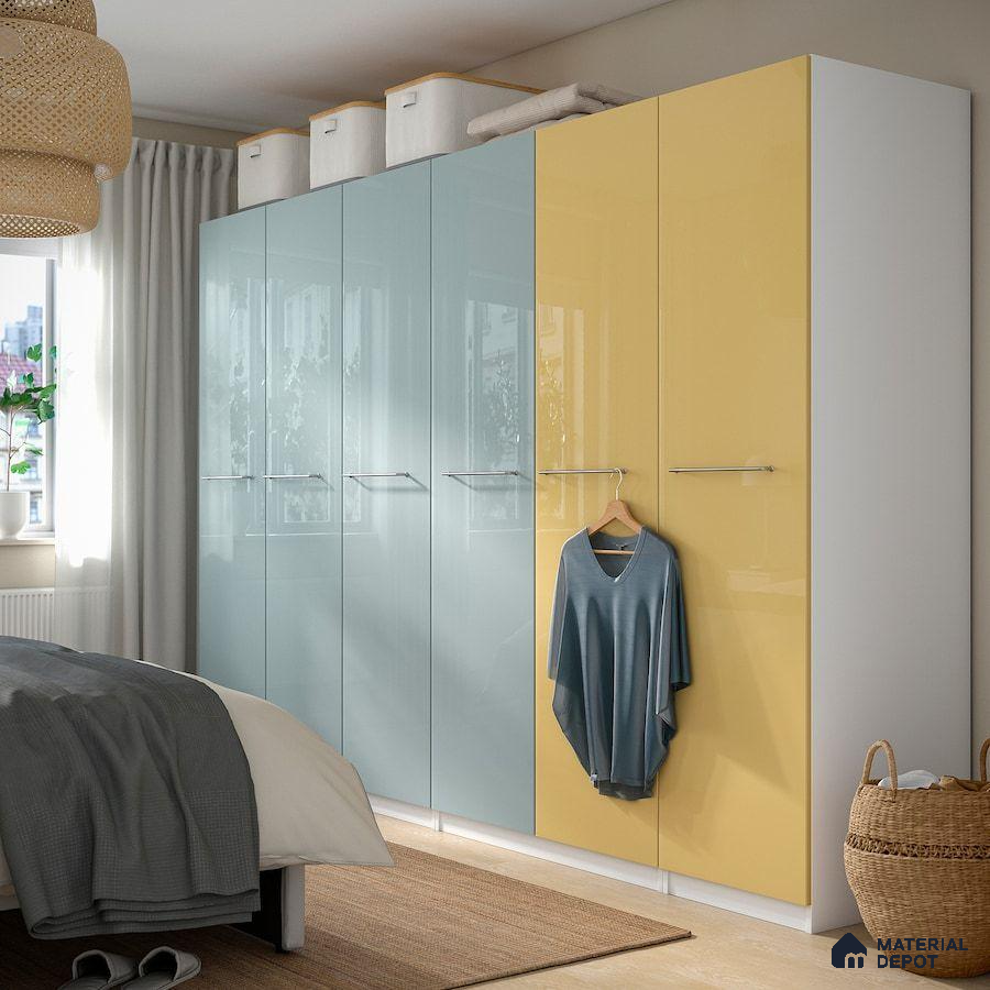 Modern bedroom with pastel blue and yellow high gloss laminate wardrobe | Material Depot