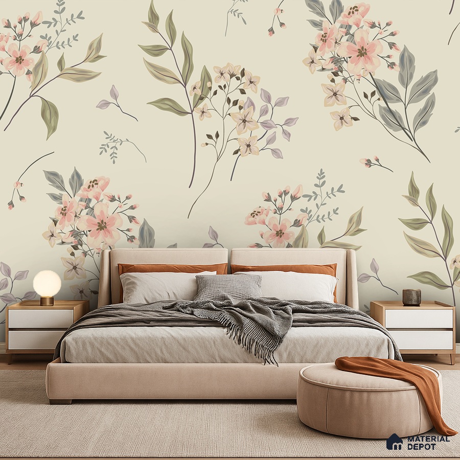 Modern bedroom with pastel floral wallpaper and beige upholstered bed in Bengaluru