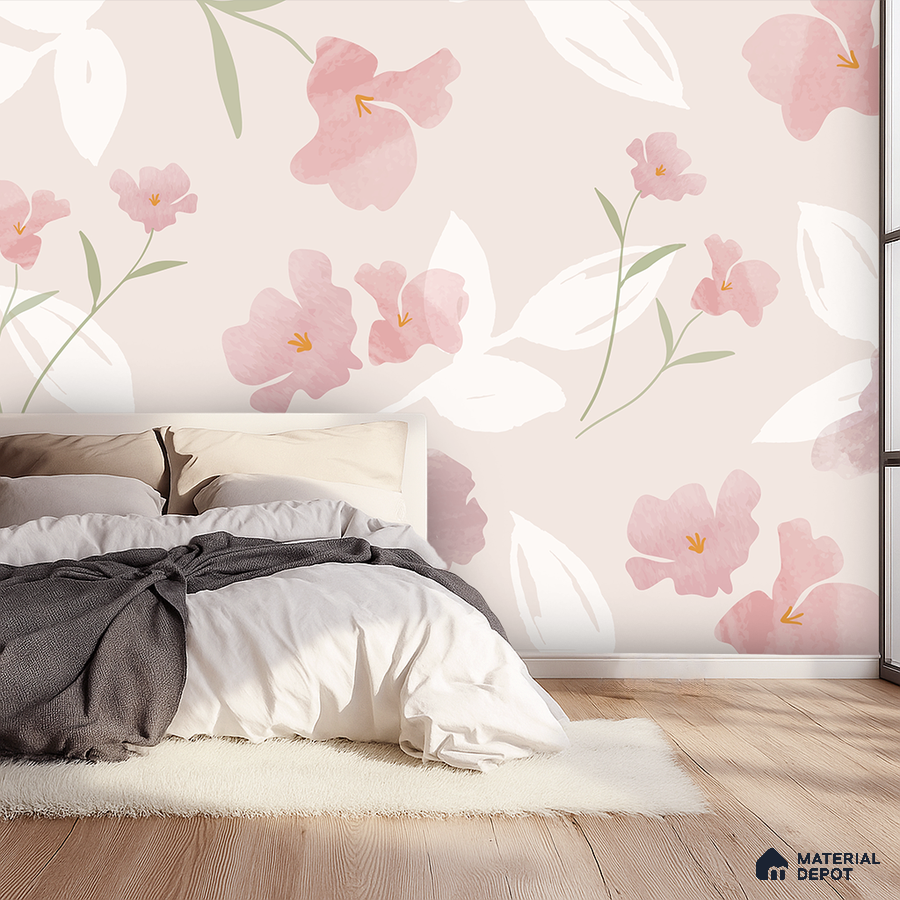 Modern bedroom with pastel floral wallpaper and light oak wooden flooring in Bengaluru