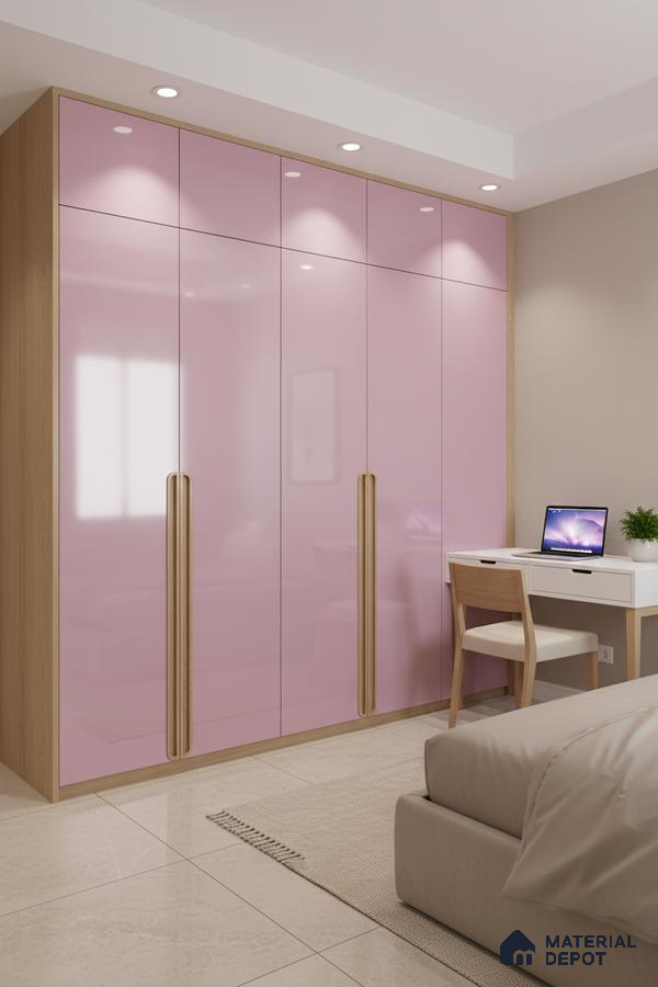 Modern bedroom with pastel pink high gloss laminate wardrobe and light oak finish in Bengaluru