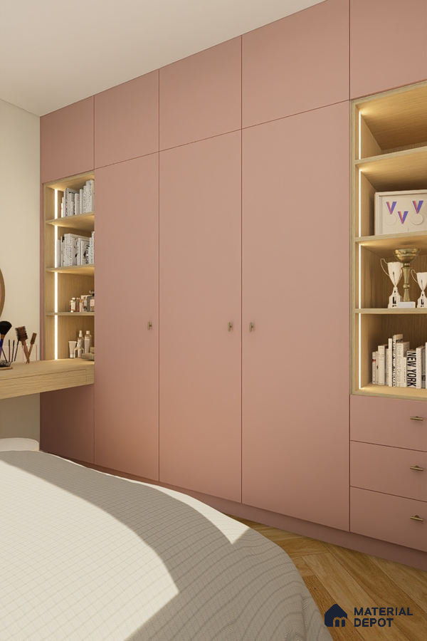 Modern bedroom with pastel pink laminate wardrobe and light wood open shelving | Material Depot