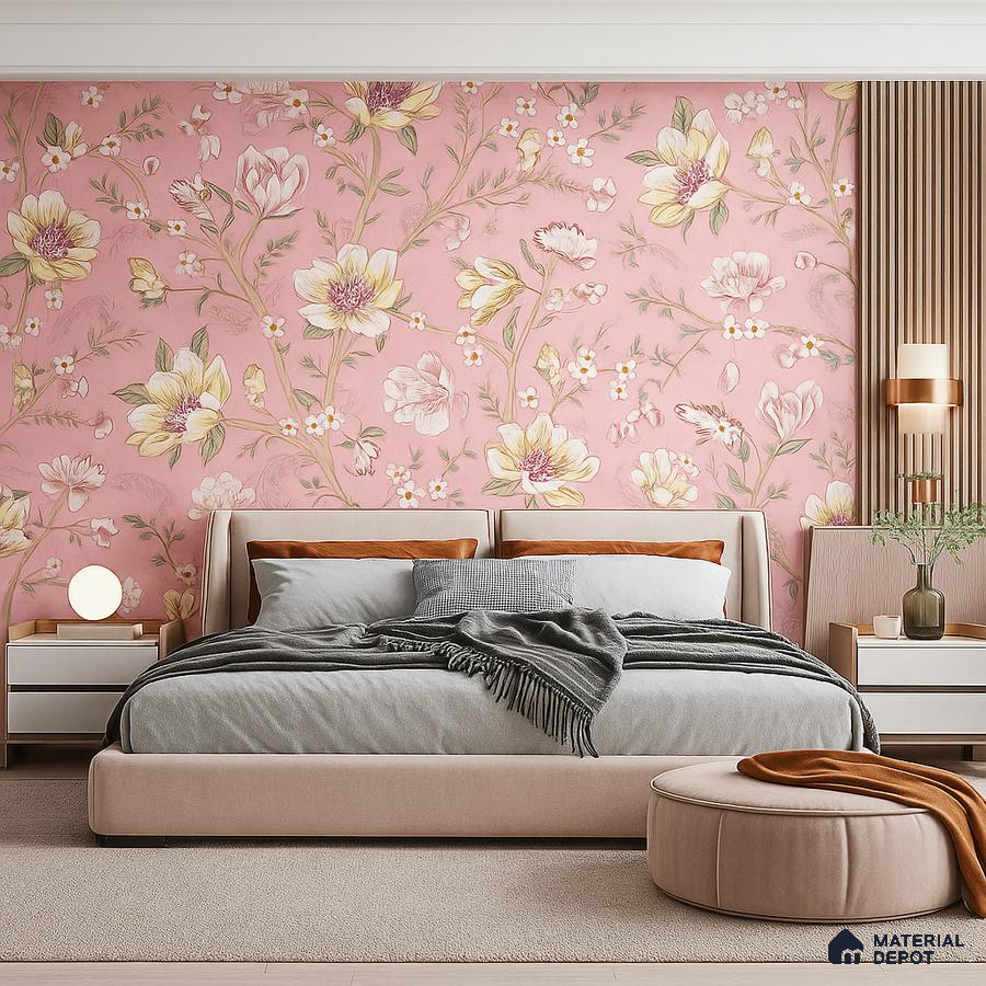 Modern bedroom with pink floral wallpaper, beige upholstered bed, and wooden louver accent in Bengaluru