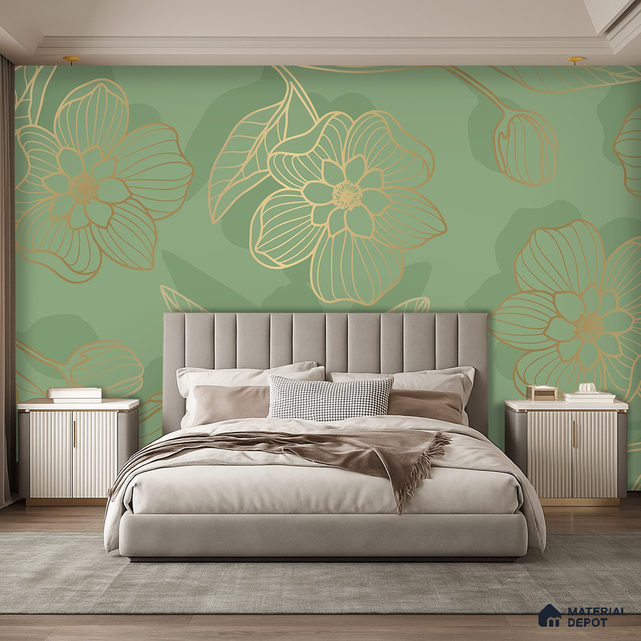 Modern bedroom with sage green floral wallpaper and upholstered bed in Bengaluru