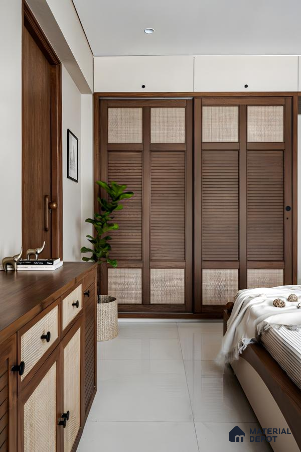 Modern Bedroom with Sliding Slatted Wardrobe and Rattan Accents | Material Depot