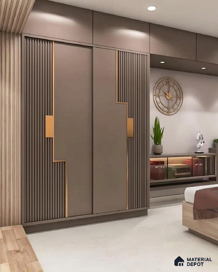 Modern bedroom with taupe matte laminate wardrobe, gold accent profiles, and fluted panels | Material Depot