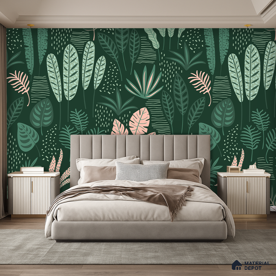 Modern bedroom with tropical green wallpaper and beige suede upholstered bed in Bengaluru