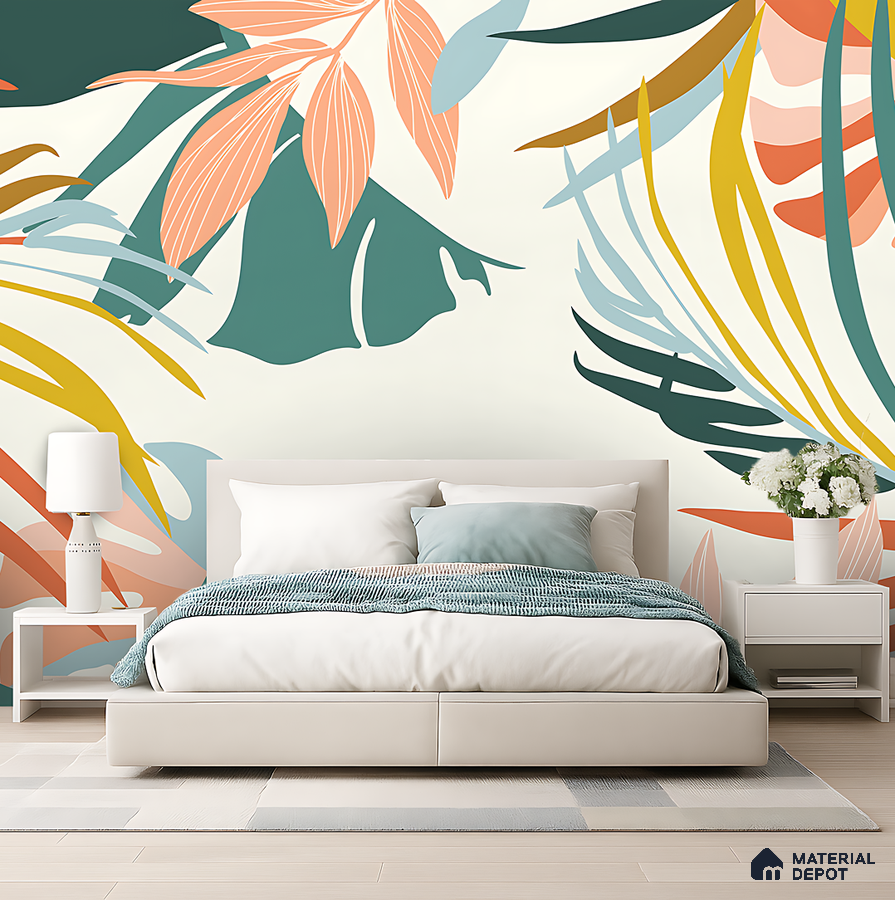 Modern bedroom with tropical patterned wallpaper and neutral upholstered bed in Bengaluru