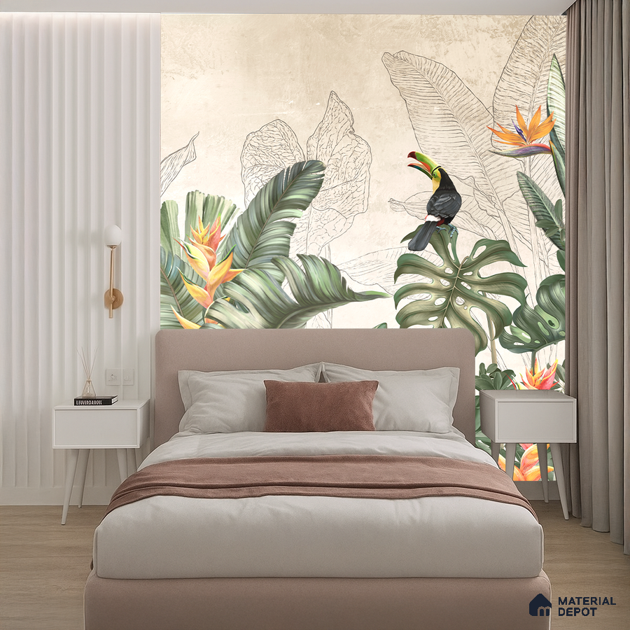 Modern bedroom with tropical wallpaper accent and blush upholstered bed in Bengaluru