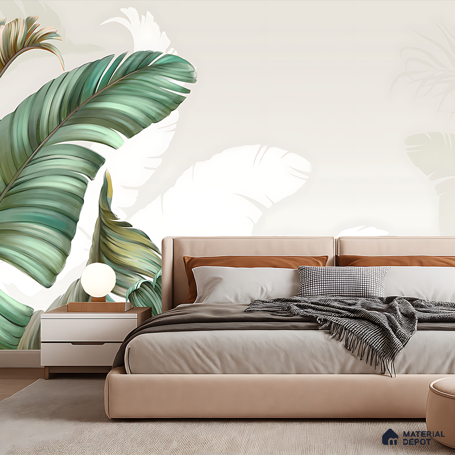 Modern bedroom with tropical wallpaper and beige upholstered bed in Bengaluru
