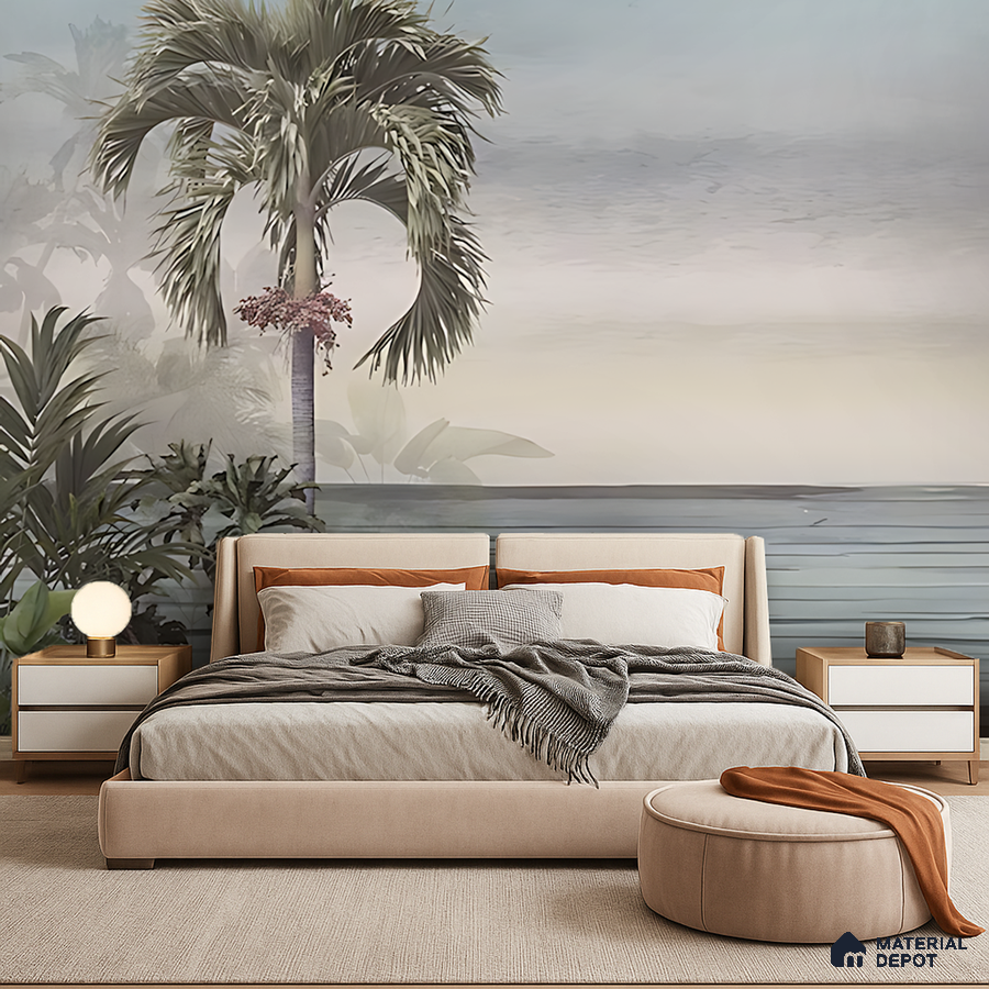 Modern bedroom with tropical wallpaper, beige upholstered bed, and neutral wood nightstands in Bengaluru