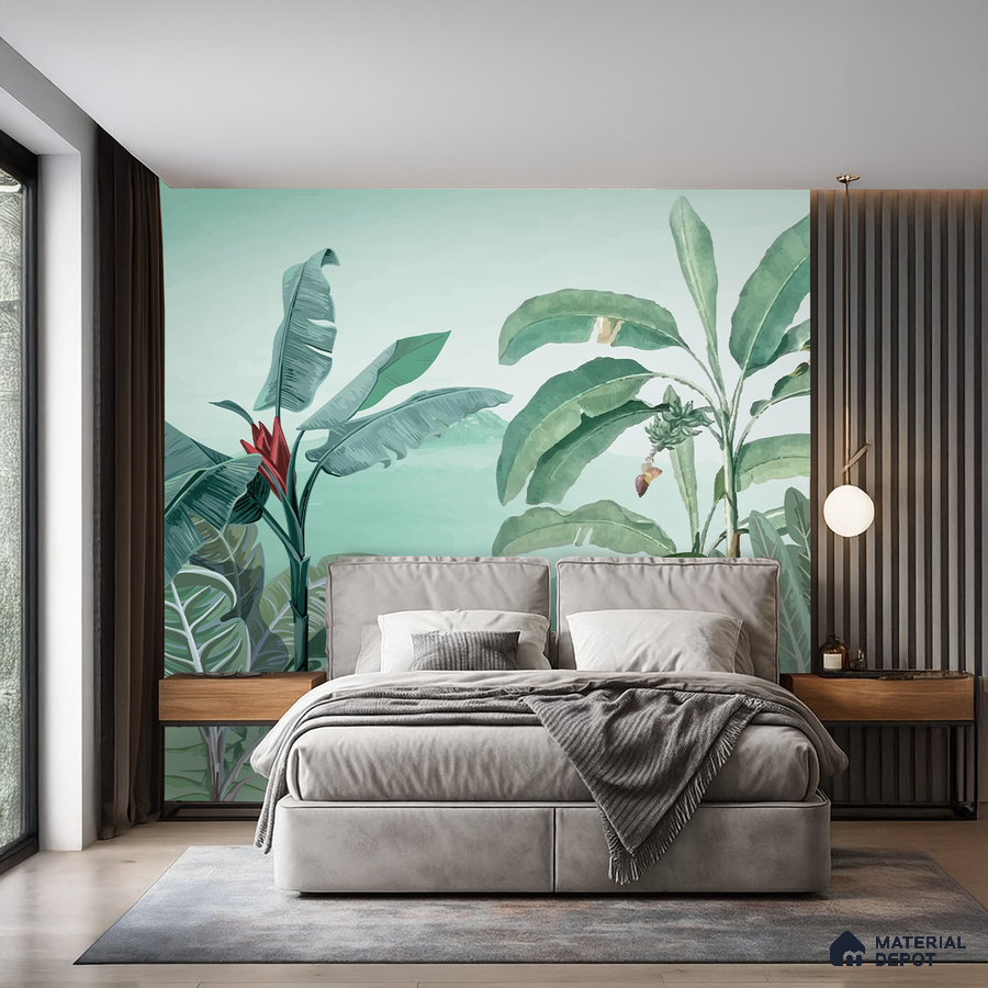 Modern bedroom with tropical wallpaper, grey suede upholstered bed, and fluted wood wall panels in Bengaluru