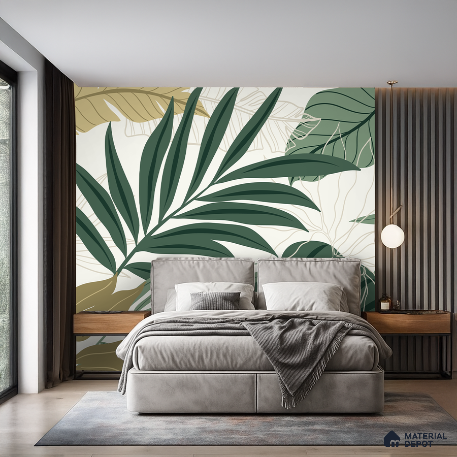 Modern bedroom with tropical wallpaper, grey suede upholstered bed, and fluted wood wall panels in Bengaluru