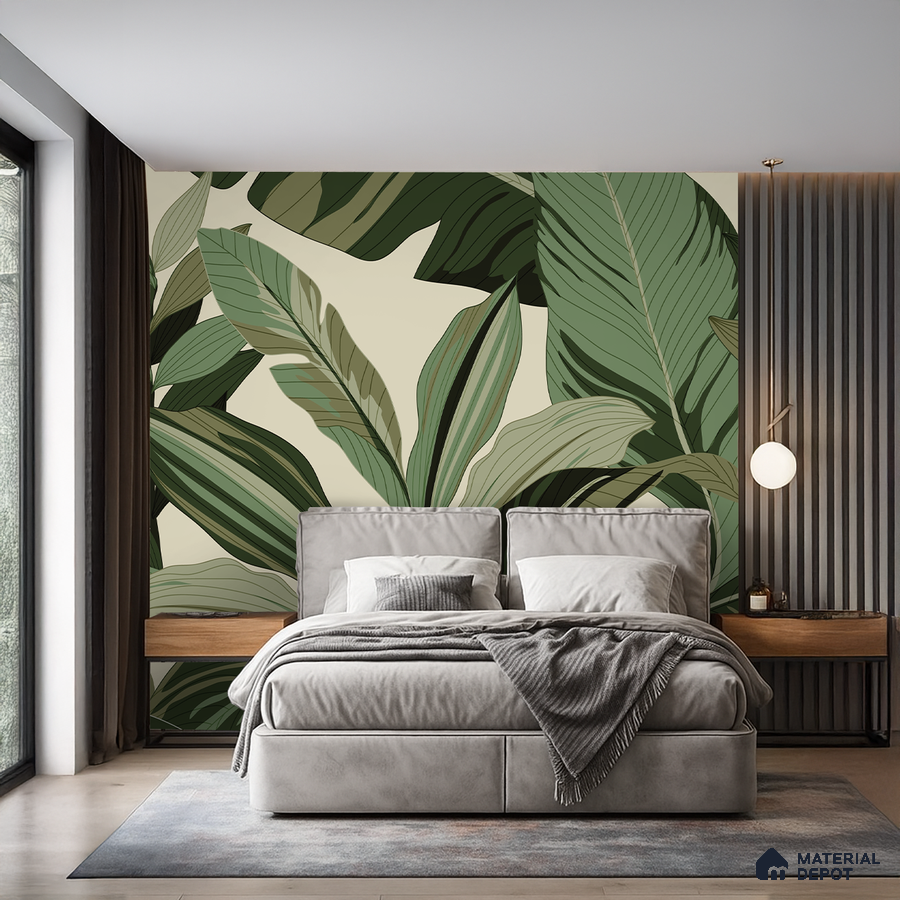 Modern bedroom with tropical wallpaper, grey suede upholstered bed, and wood accent panels in Bengaluru