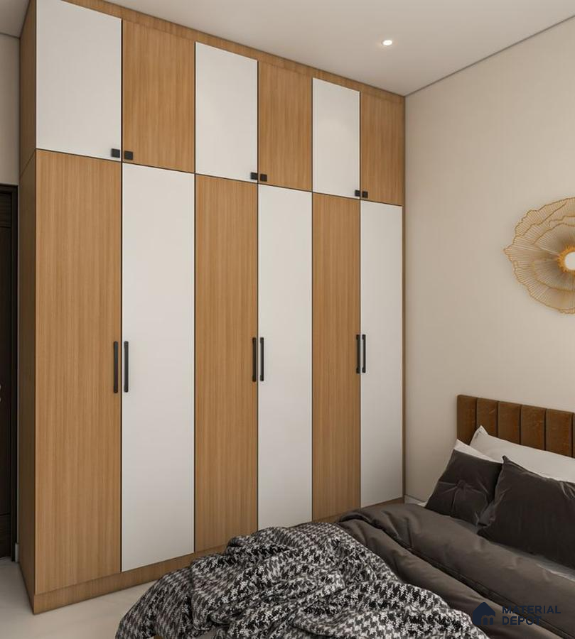 Modern bedroom with white and oak wood laminate wardrobe and neutral palette | Material Depot