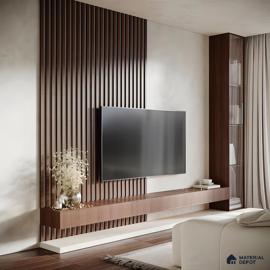 Modern Bedroom with Wood-Paneled Accent Wall and Sleek TV Console | Material Depot
