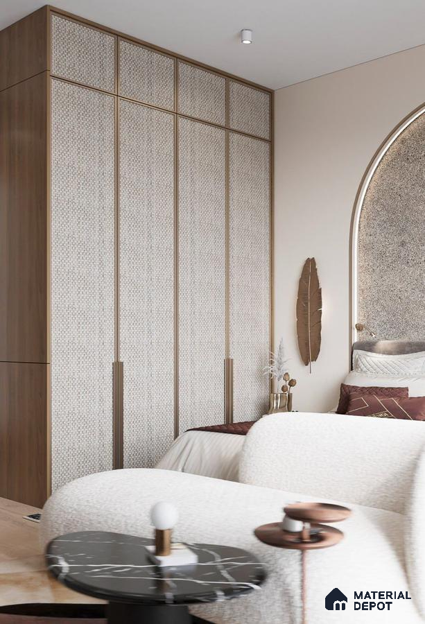 Modern bedroom with woven textured wardrobe, walnut wood laminate, and black marble side table | Material Depot