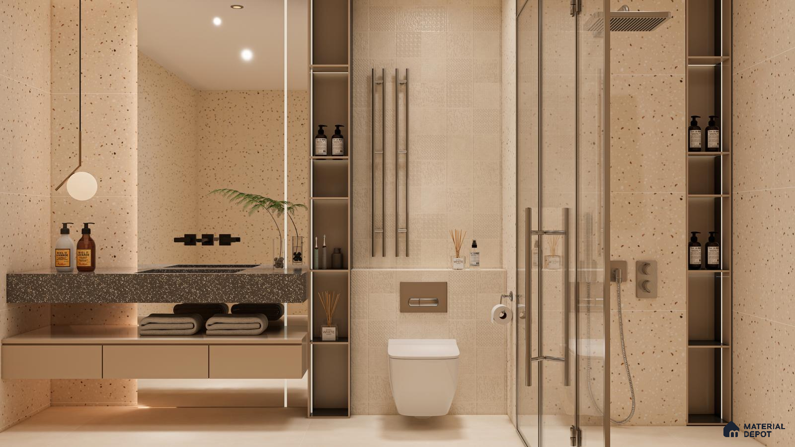 Modern Beige Bathroom with Terrazzo and Highlighter Tiles | Material Depot