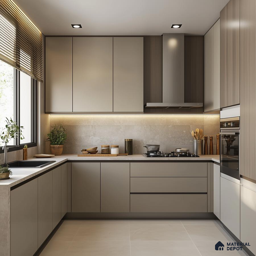 Modern Beige Kitchen with Minimalist Cabinets and Soft Ambient Lighting | Material Depot
